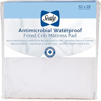 Sealy Baby Antimicrobial Fitted Waterproof Infant Crib Mattress Protector Pad and Toddler Bed Cover, Designed to Neutralize Odors, Machine Washable and Dryer Friendly, 52 x 28- White