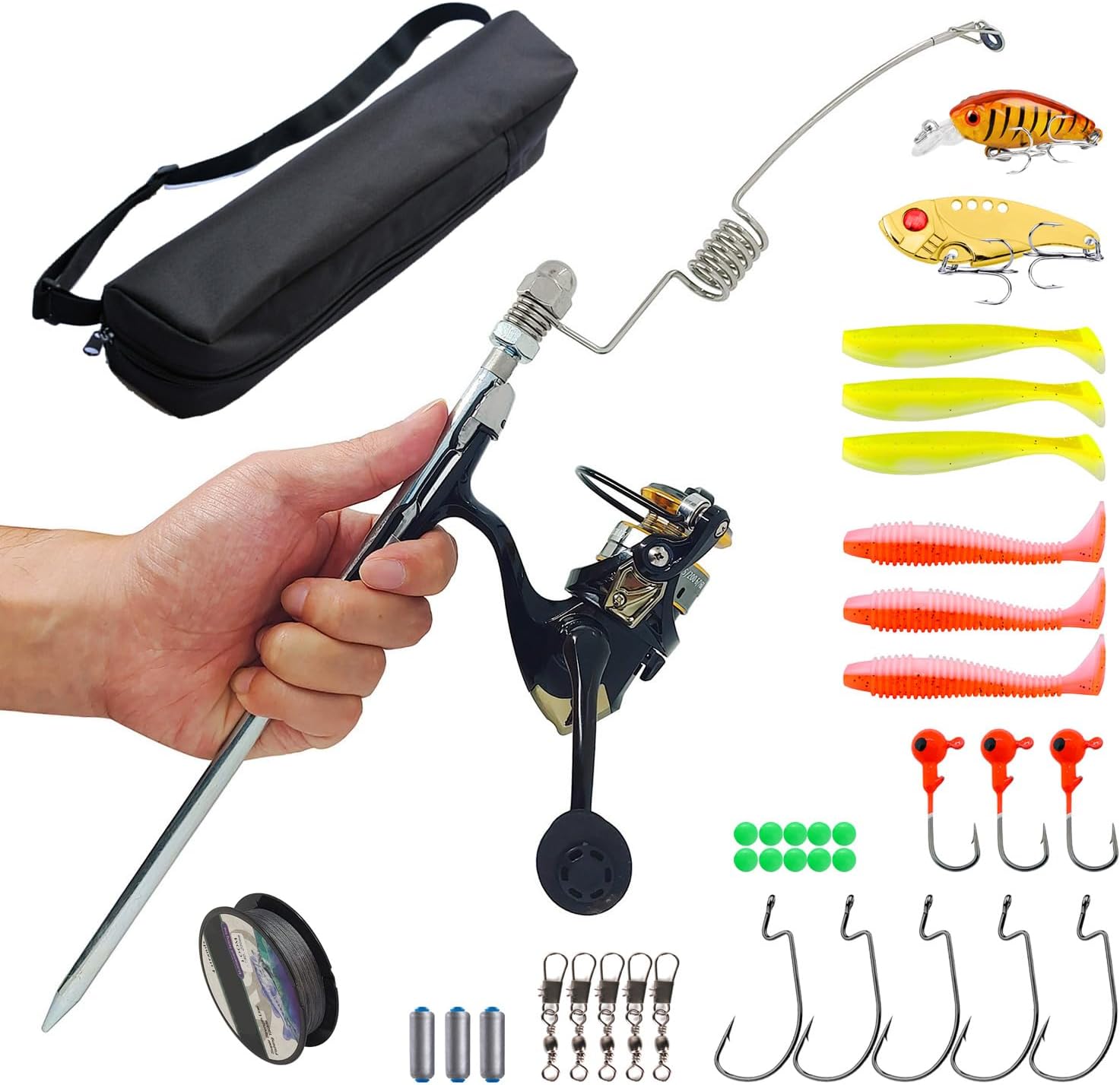 Portable Small Metal Elastic Fishing Rod and Reel Combo with Carrier Bag, Short Stainless Steel Pole with Line Hooks Lures and Accessories for Raft, River, Lake, Ice Fishing and So On