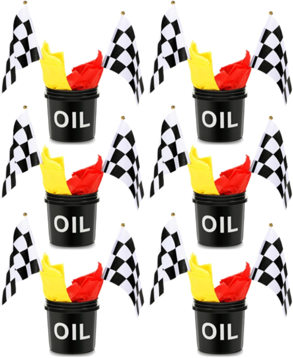 Silipull 48 Pcs Race Car Party Decorations 6 Sets Racing Table Centerpieces Including 12 Checkered Flags 6 Plastic Drums 6 Oil Stickers 24 Tissue Papers for Race Car Themed Birthday Party Supplies
