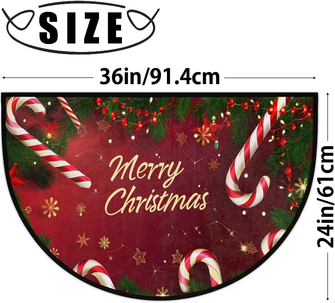 Christmas Candy Canes Christmas Tree Half Round Door Mat Non Slip Washable Semi Circle Area Rug Absorbent Soft Half Moon Rug Floor Mat for Indoor Outdoor Kitchen Bathroom Patio Front Door Mat Decor