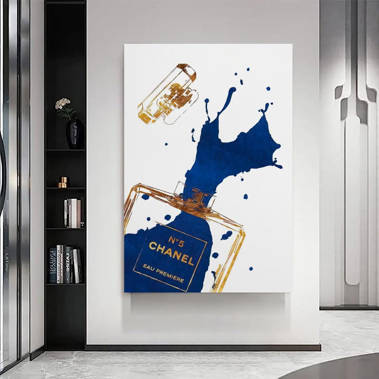 BanLaArt Fashion Gold Perfume Bottle With Navy Blue Splash Canvas Print Poster Decorative Painting Canvas Wall Art Picture Print Modern Family Bedroom Decor 16x24inch(40x60cm), style-1