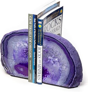 Agate Geode Bookends - Polished Crystal Stone Decorative Bookends for Home Decor 8-10 lb, Purple