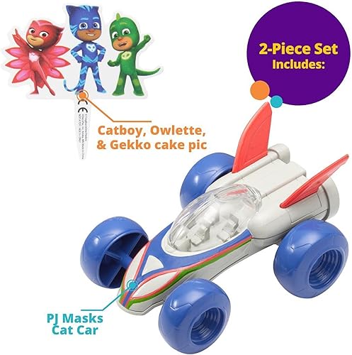 Miniatura 5 de DecoSet® PJ Masks Save the Day - Decoración para tartas, 2 piezas de decoración para tartas con auto de ruedas libres y Catboy, Owlette y Gekko Pic
