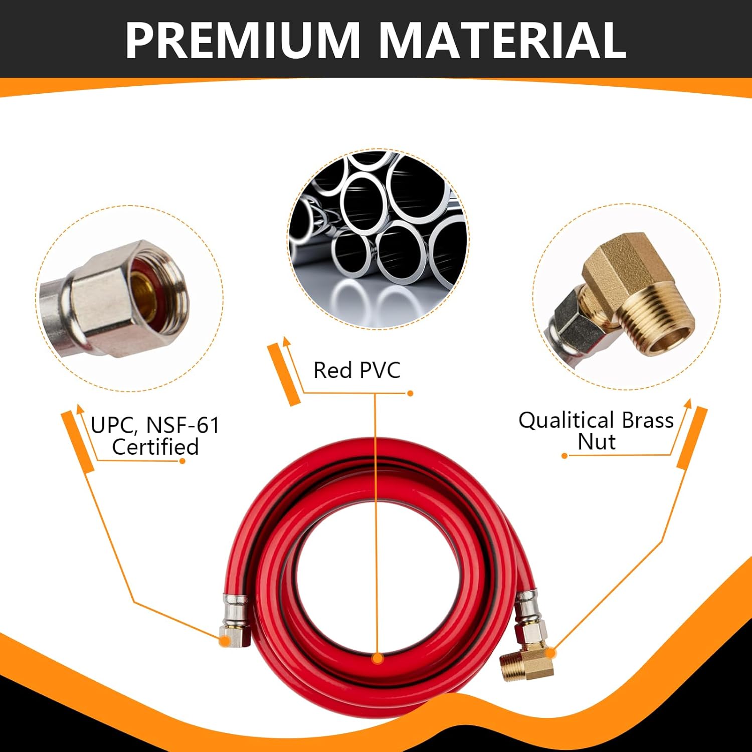 1-Pack HeSun 6 Feet Red PVC Dishwasher Hose, 3/8" Comp x Comp Water Supply Line, with Attached 90 Degree 3/8" MIP Elbow (6 Ft)