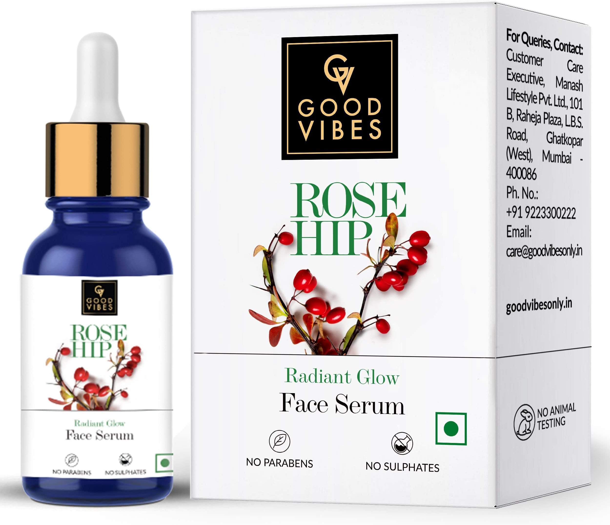 Good Vibes Rosehip Face Serum with Vitamin E | Hydrating Serum for Reducing Dark Circle & Spots | Ideal for Dry & Dehydrated Skin | 0.34 Fl Oz/10ml