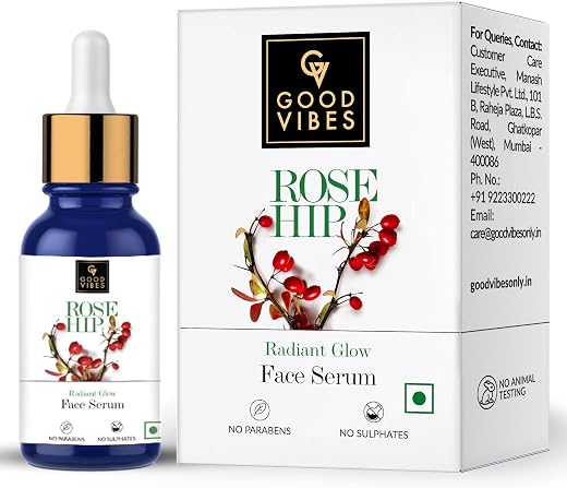 Good Vibes Rose Hip Radiant Glow Face Serum, 10 ml Light Weight Non Greasy Moisturizing Anti Ageing Formula For All Skin T...