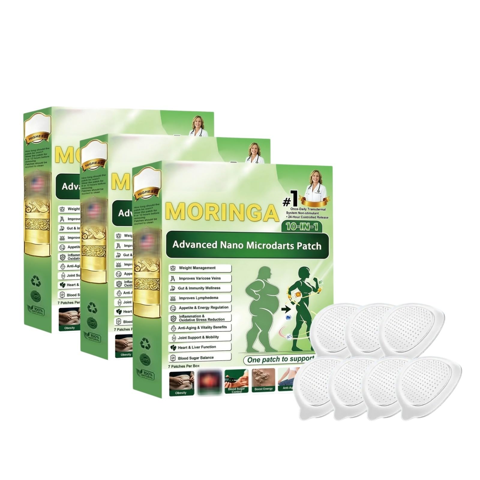 Moringa 10 in 1 Patches,Advanced Nano Microneedle Patch, Patch dimagrante naturale per perdita di peso, pancia piatta, facile da applicare, invisibile, da uomo e donna, patch per tutti i tipi di corpo