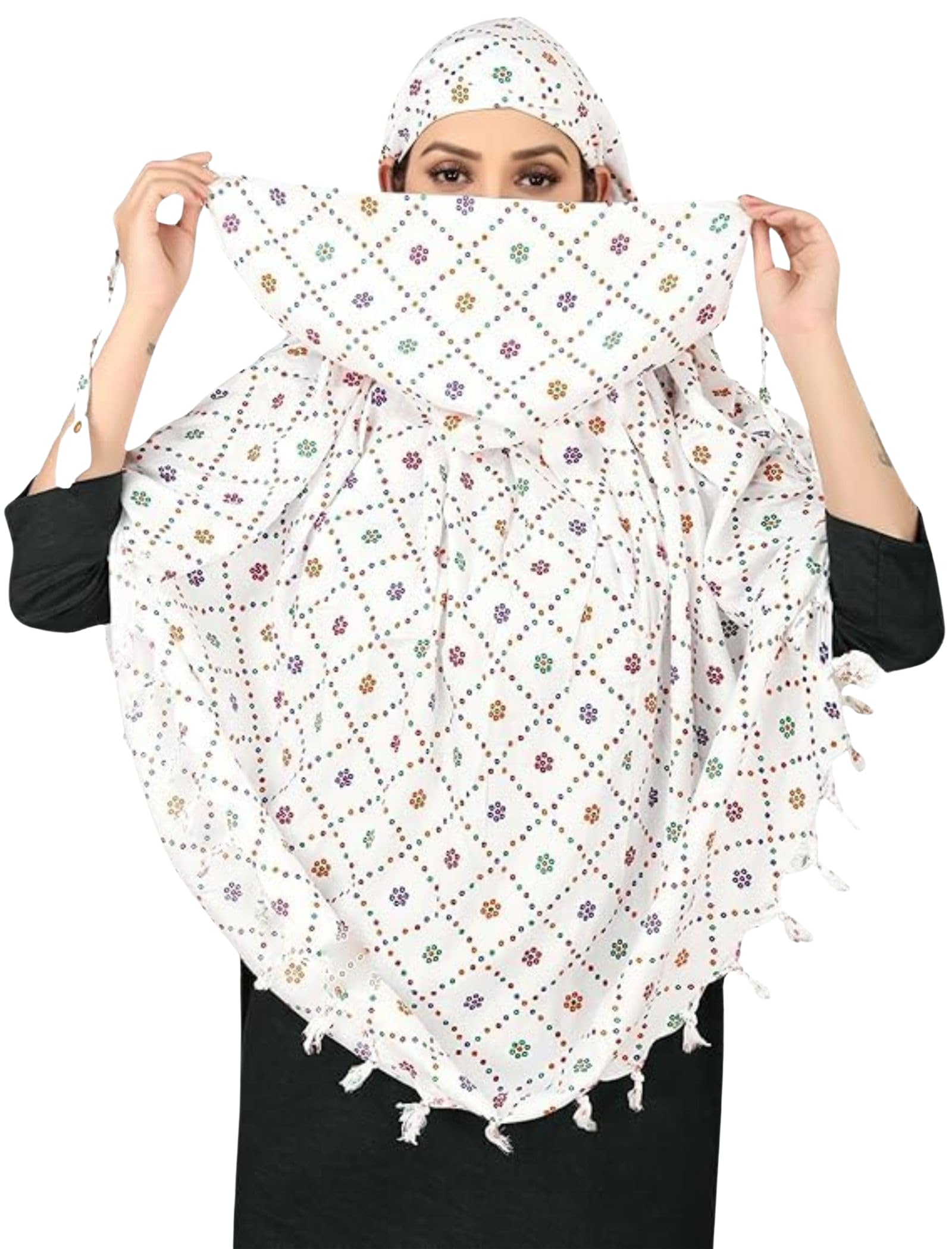 Rayon Cotton Long Scarf Cum Mask scarves Usable for vehicle Driver | White Printed Design | Universal Size | For Girl & Women | Breathable Sun Protection Light Weight-image-35
