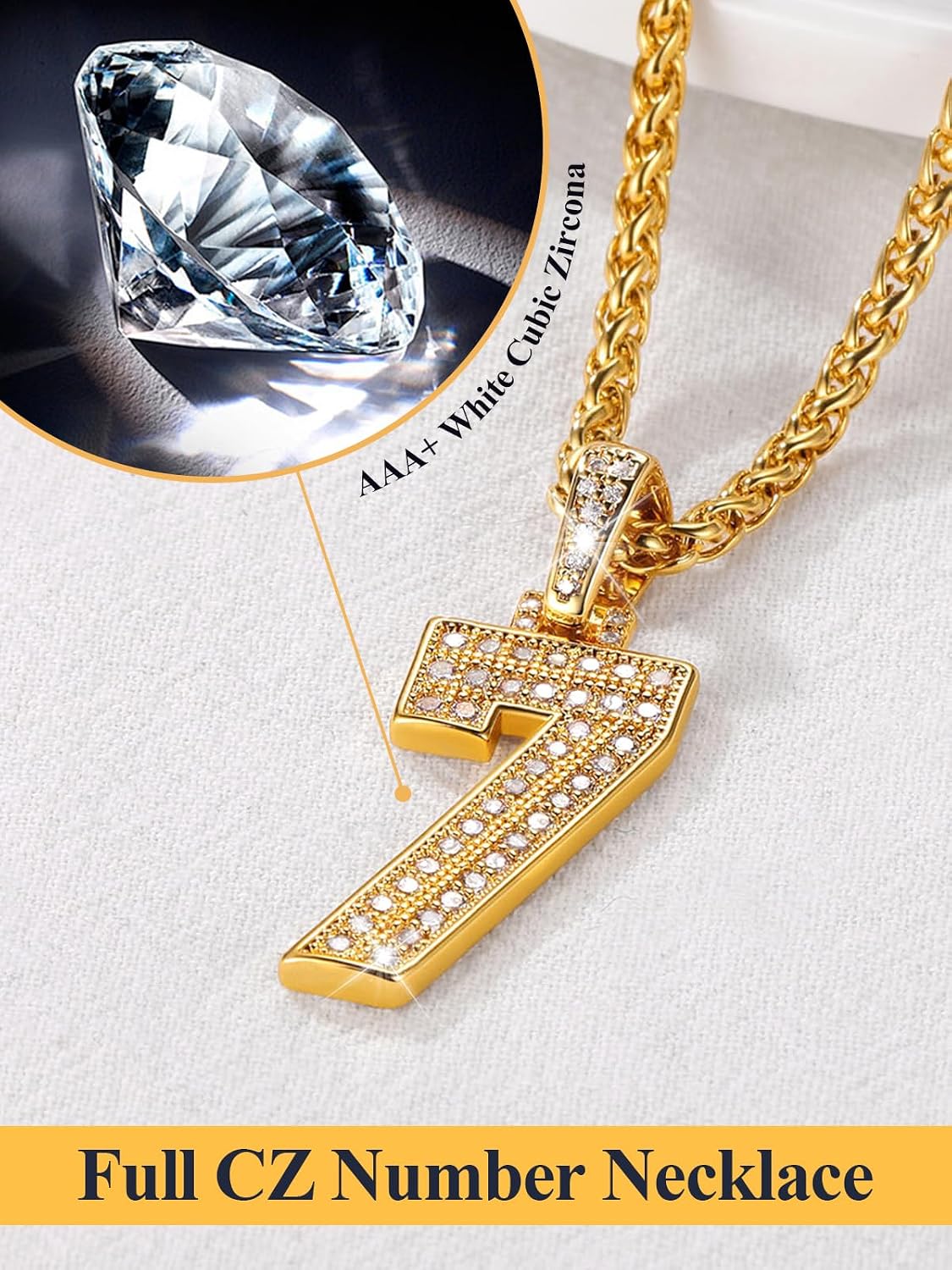 U7 Gold Initial Number Necklace for Men Women, 18K Gold/Silver Plated Diamond CZ Letter Pendant Necklace Big A-Z 0-9 Hip Hop Jersey, Customerized Letter Wheat Chain 22 Inch for Athletes Rappers