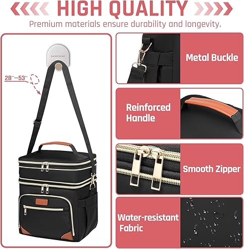 Miniatura 5 de YESBAG Lonchera para mujeres y hombres, lonchera expandible con doble compartimento, reutilizable, aislada, con correa para el hombro, color negro