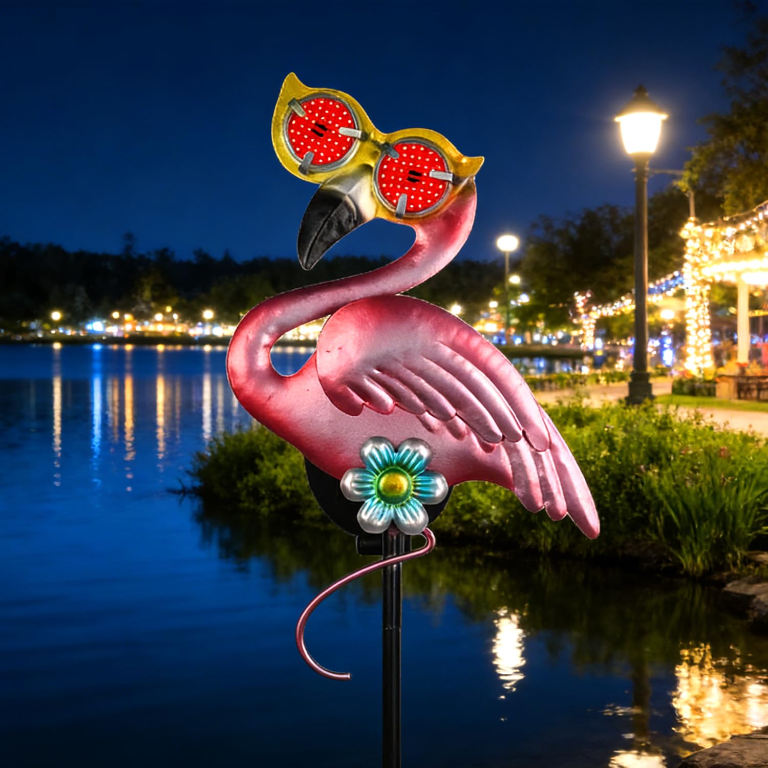 Piquets solaires en forme de flamant rose de 100,8 cm avec globes oculaires mobiles rouges, lampes solaires d'extérieur pour allée, terrasse, pelouse, piquets de jardin