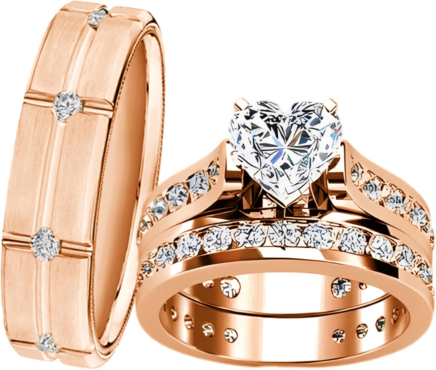 Real 10K 14K 18K Gold Couple Ring Set, 3PCS Heart-shaped Moissanite Couple Ring Sets for Men and Women, Matching Wedding Band Promise Rings for His and Her
