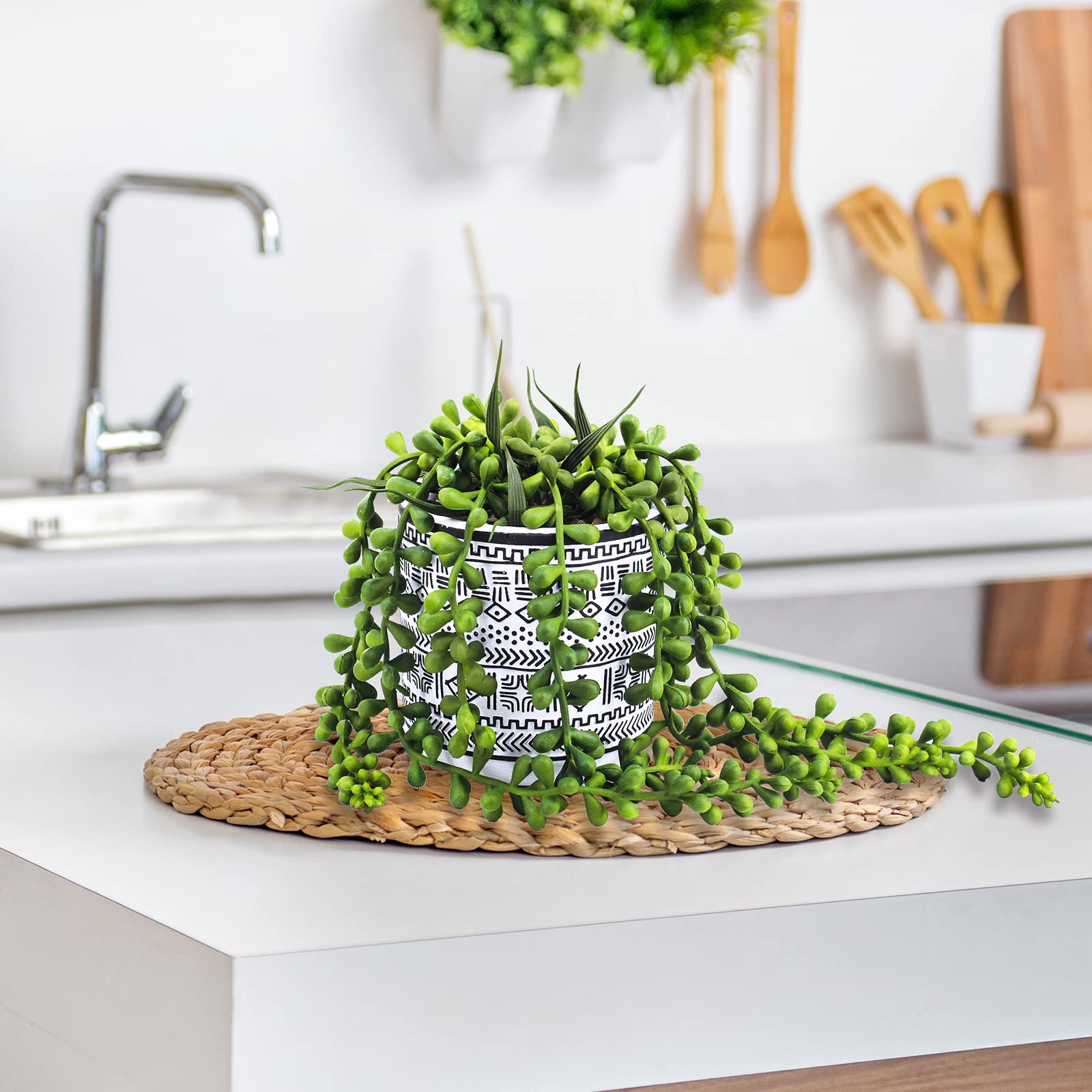 Winlyn Lot de 3 petites plantes grasses artificielles en pot avec perles d'aloès, houblon, plantes grasses dans des pots géométriques en béton noir pour cadeaux, maison, salle de bain, fenêtre, table,