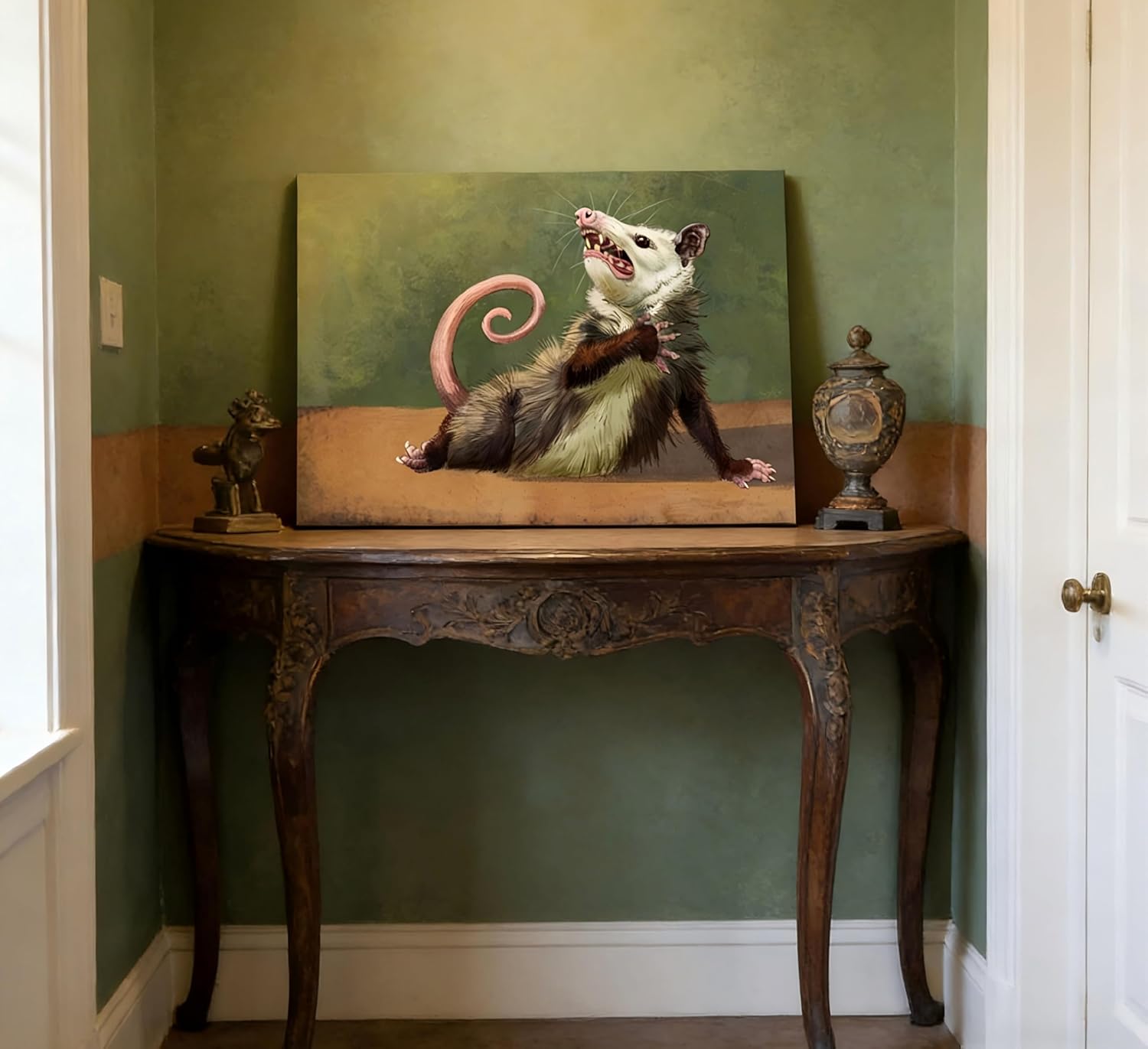 Funny Opossum Canvas Wall Art Humor Opossum Painting Picture Wall Decor Quirky Screaming Possum Animal Poster Print Artwork for Living Room Bedroom Home Office Home Decoration 16x24in