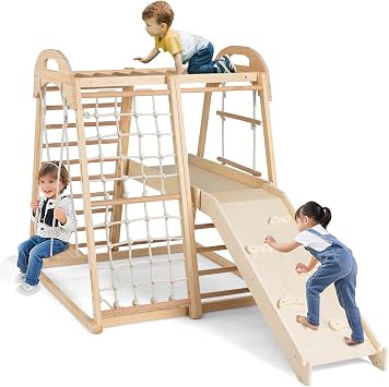 COSTWAY Indoor Climbing Frame for Toddlers, 8 in 1 Wooden Jungle Gym with Double-sided Ramp, Monkey Bar, Swing, Rope Ladder, Climbing Ladder & Net Natural