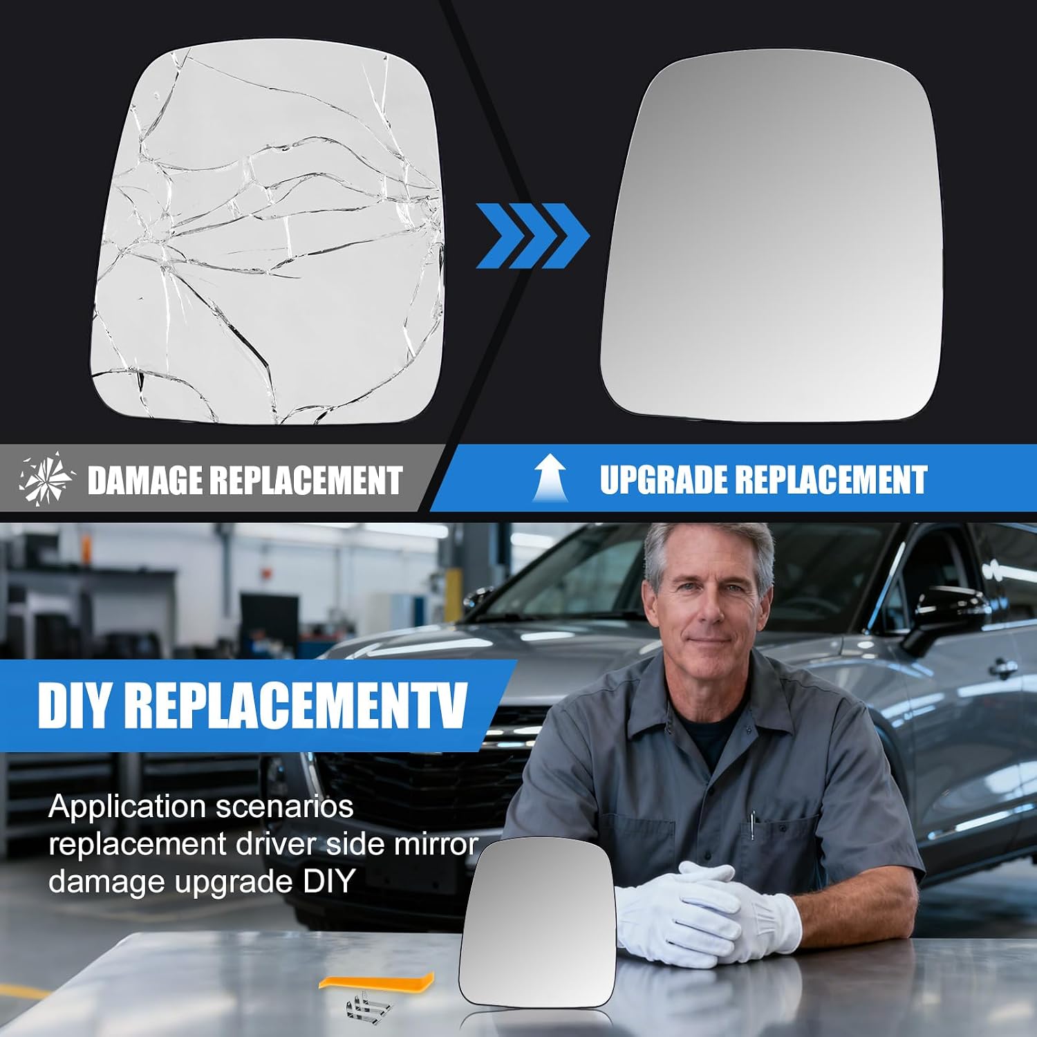 Driver Side Mirror Glass Compatible with Chevy Express & GMC Savana 1500 2500 3500 (2003-2007) - Power Heated Left Hand Door Rearview Replacement with Backing Plate & Tool - Replaces OE 88944455