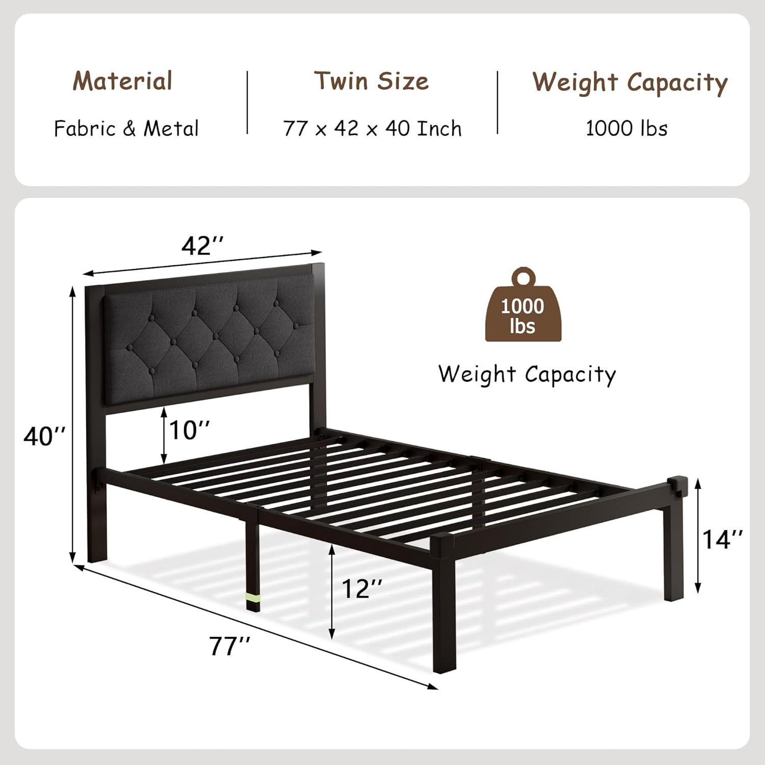 Twin Metal Bed Frame with Upholstered Linen Headboard, Modern Platform Bed with Metal Slats, 12" Underbed Storage, No Box Spring Needed, Noise Free, Dark Gray