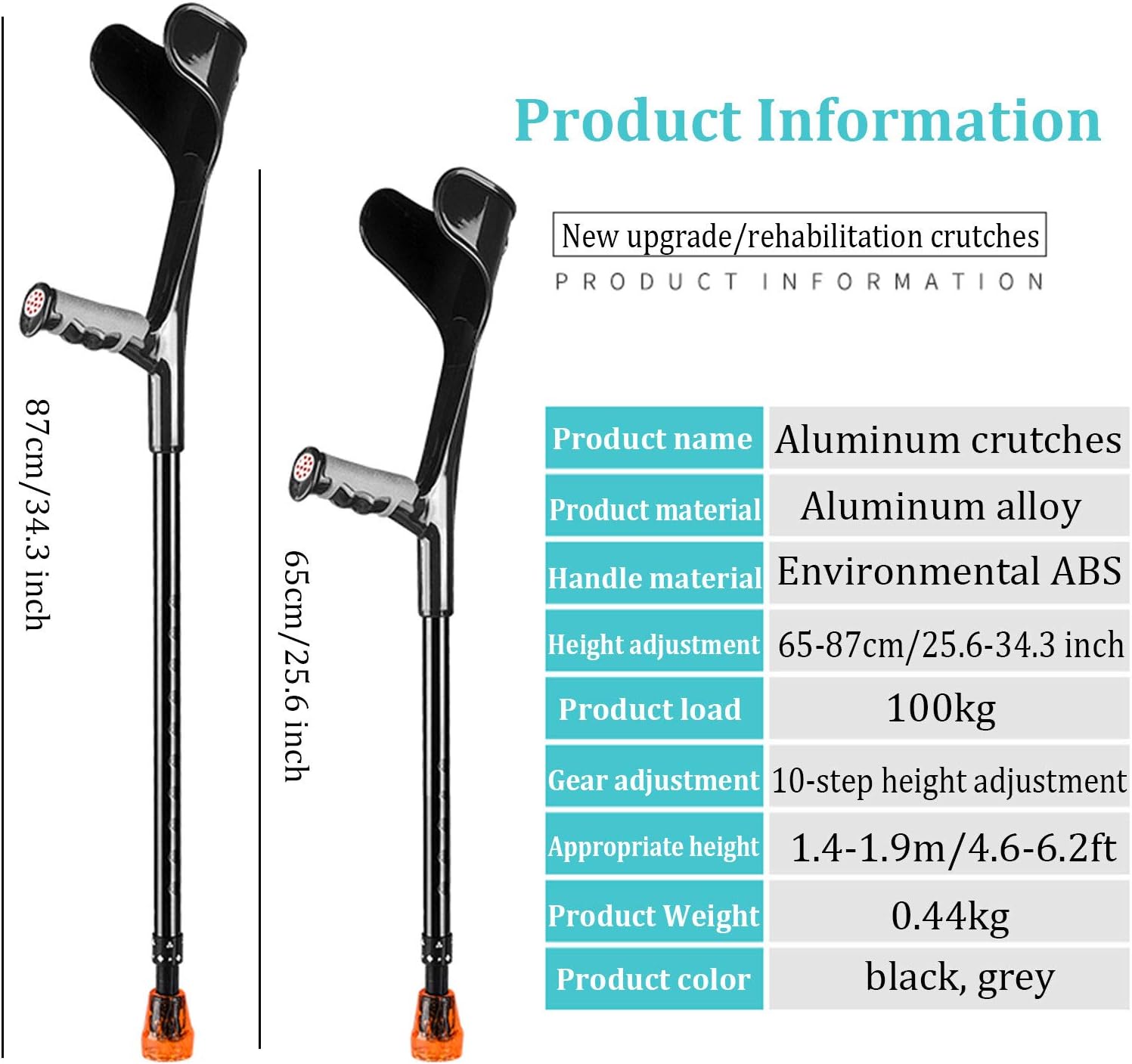 ELQ Lightweight Forearm Crutches for Adult, Ergonomic Height Adjustment Cane with Anti-Slip Pad and Reflective Beads,Gray