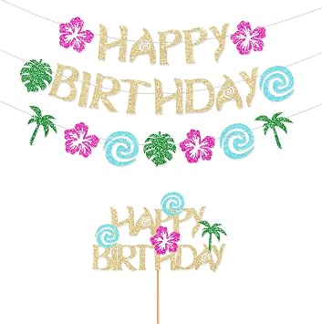 Hawaiian Moana Birthday Banner Party Decoration Glittery Gold Cake Topper for Happy Birthday Tropical Luau Summer Baby Shower Decor
