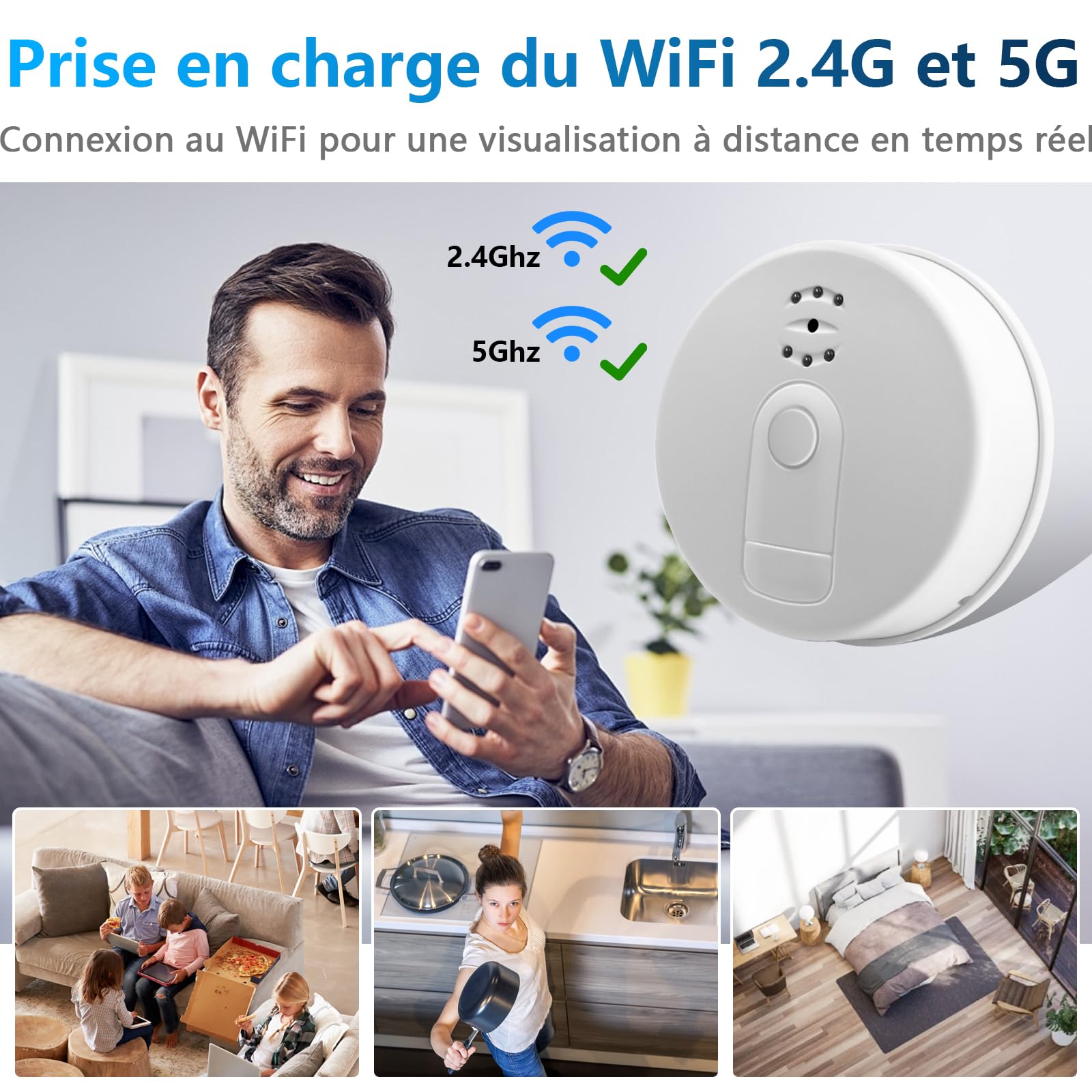 Caméra Cachée Wi-Fi 5G avec Détecteur de Fumée, Minicaméra Espion HD 1080P Vision Nocturne Détection Mouvement