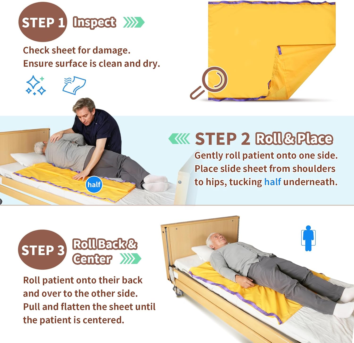 Slide Sheet with Handles for Patient Transfer, Reusable Transfer Sheet for Elderly, Hospital Bed Repositioning & Mobility Aid for Caregivers (Yellow with Handles, 39'' x 47'')