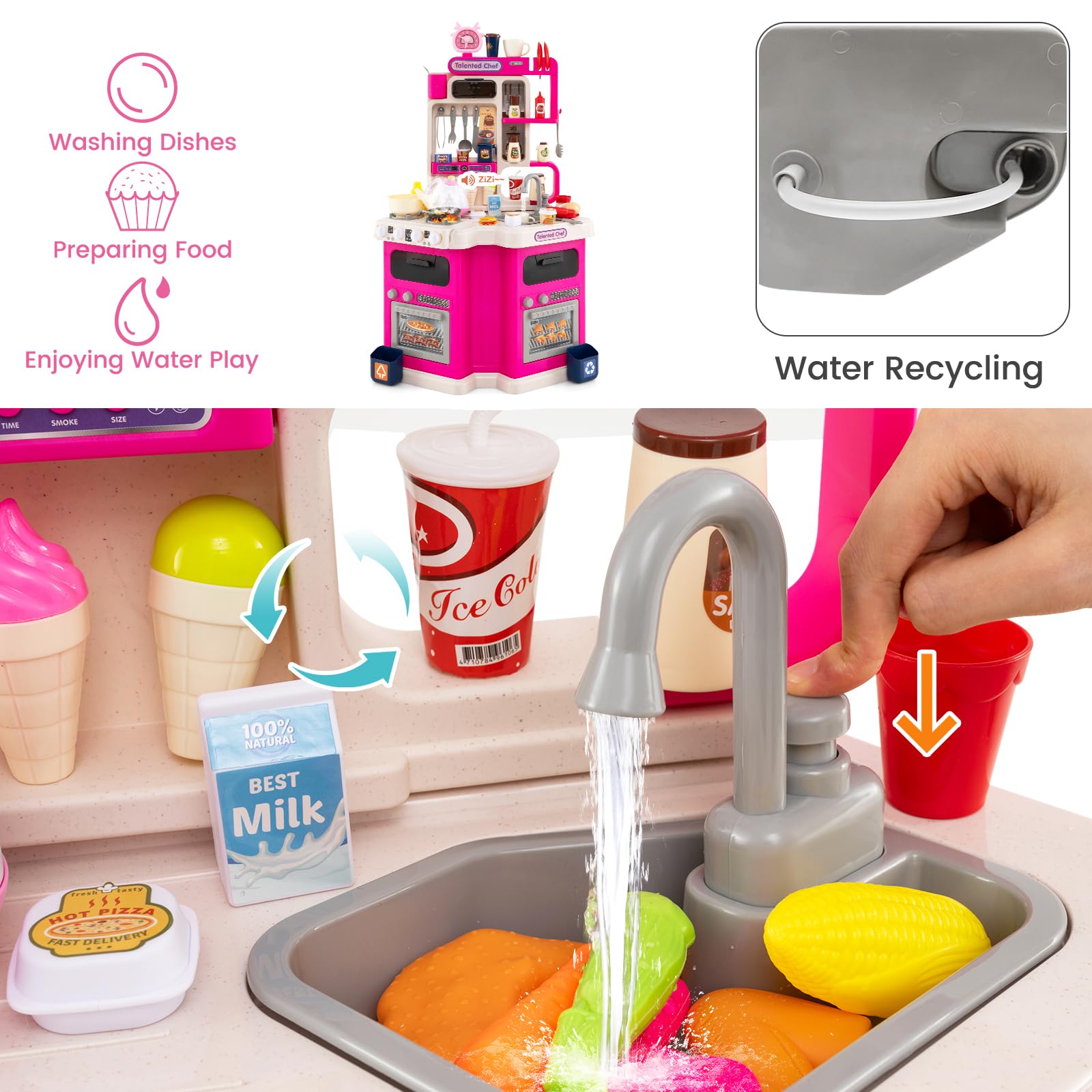 HOMASIS Cocina de Juguete con Sonidos y Luces, Juego de rol de Cocina con 75 Piezas, Agua al Vapor, Grifo con Agua y Fregadero, para Niños a Partir de 3 Años (Rosa)
