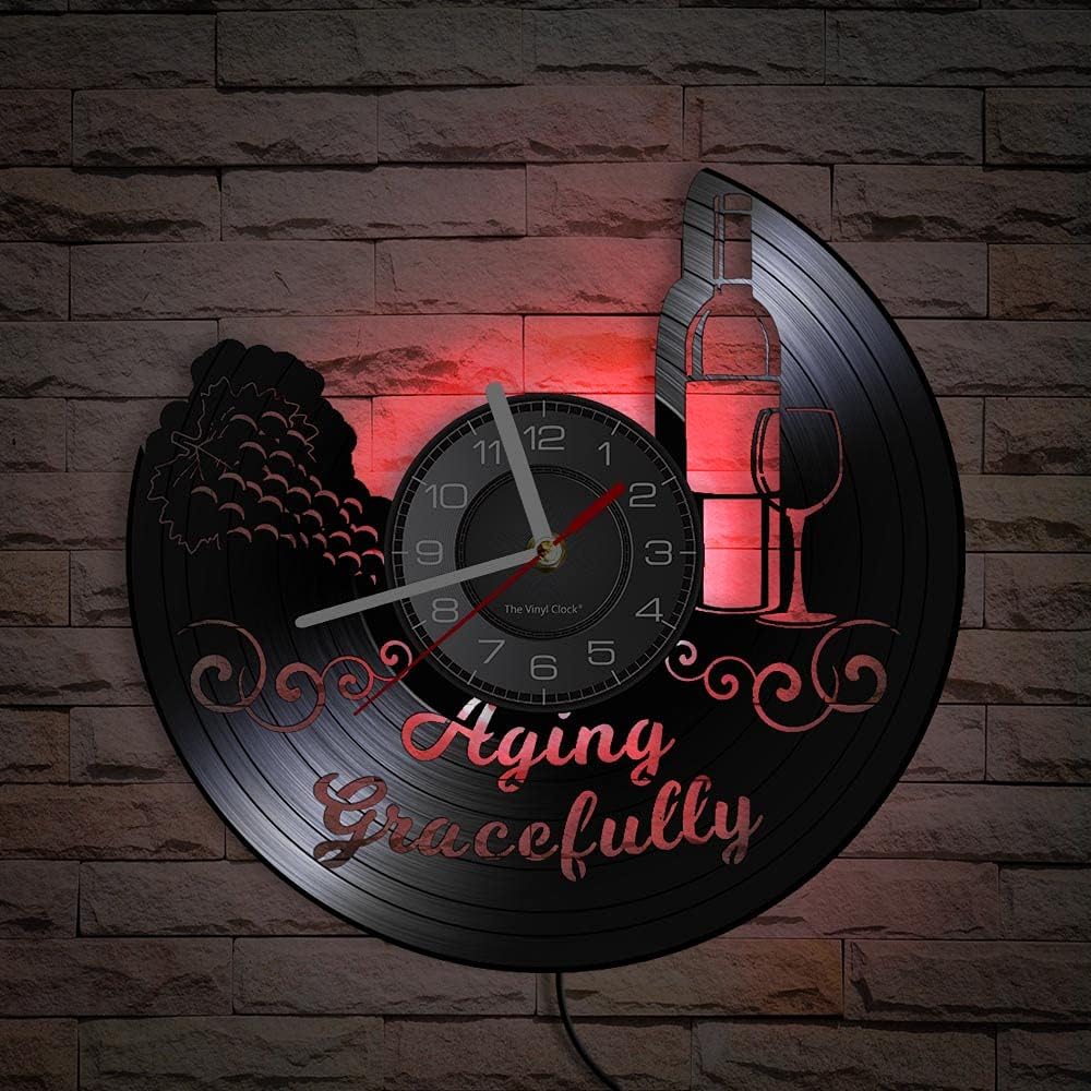 12 Inch Wine Alcohol LED Wall Clock with 7 Luminous Modes, Silent Quartz Non Ticking Modern Decorative Analog Black Vinyl Record Wall Clock for Kitchen Home Bar Dinning Room Decor