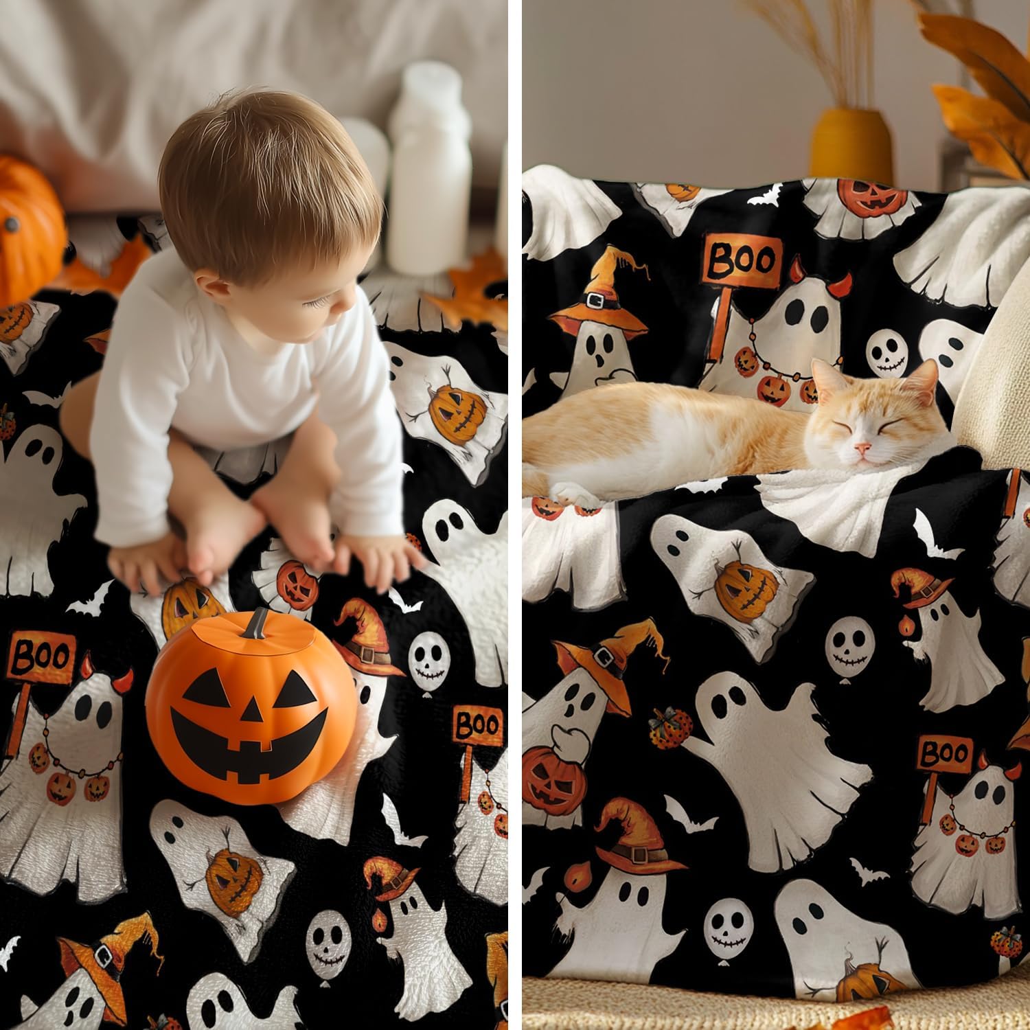 Horaldaily Halloween Flannel Blanket Throw, Ghost Boo Jack-O-Lantern Pumpkin Skulls Soft Fuzzy Plush Cozy Fleece Blankets for Couch Sofa Bed Lounging, Ideal Gifts for Kids Adults Wife Self, 60x80