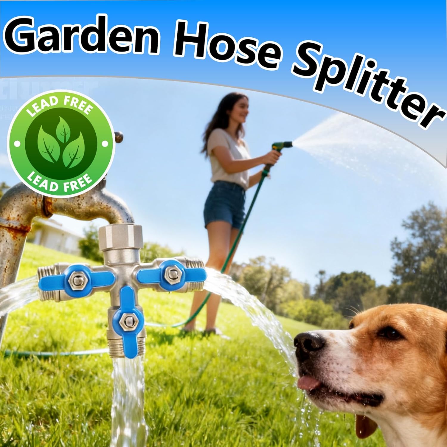 304 Stainless Steel Garden Hose Splitter 3 Way Heavy Duty, Full Flow Hose T Splitter with Long Handle,Lead-free T Valve Water Garden Hose Adapter,3/4" GHT Threads