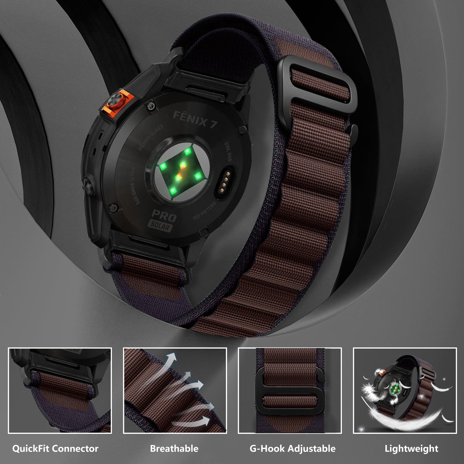 Cinturino Nylon Per Garmin Fenix/Epix - 22mm, G-Hook Regolabile, Nero, Compatibile Con Modelli 5/6/7/8