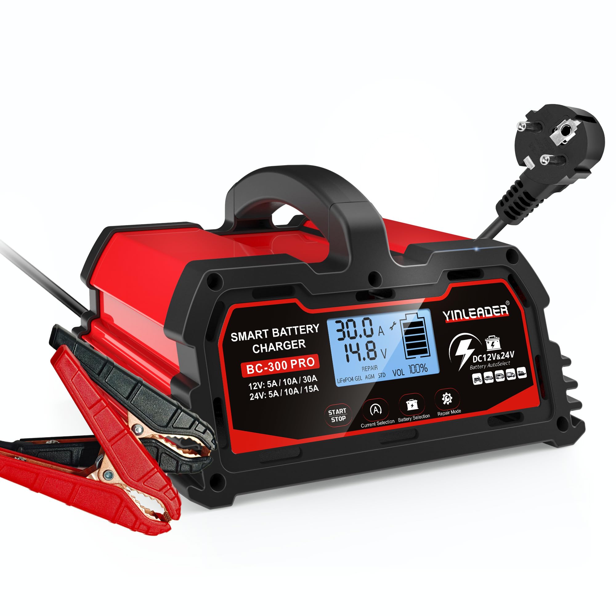 Yinleader Cargador de batería de coche, 30 A, 12 V/24 V, totalmente automático, con pantalla LCD, modo de reparación para AGM Gel LiFePO4 plomo-ácido
