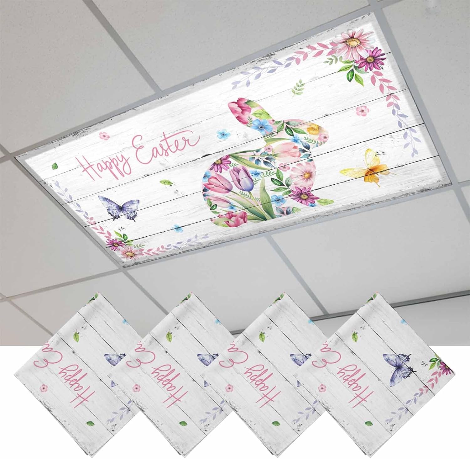 2x4 ft Fluorescent Light Cover for Ceiling Spring Flower Rabbit Butterfly Magnetic Light Filters, Pastoral Easter Bunny Wood Board Ceiling Lampshades for Home School Office 4Pcs