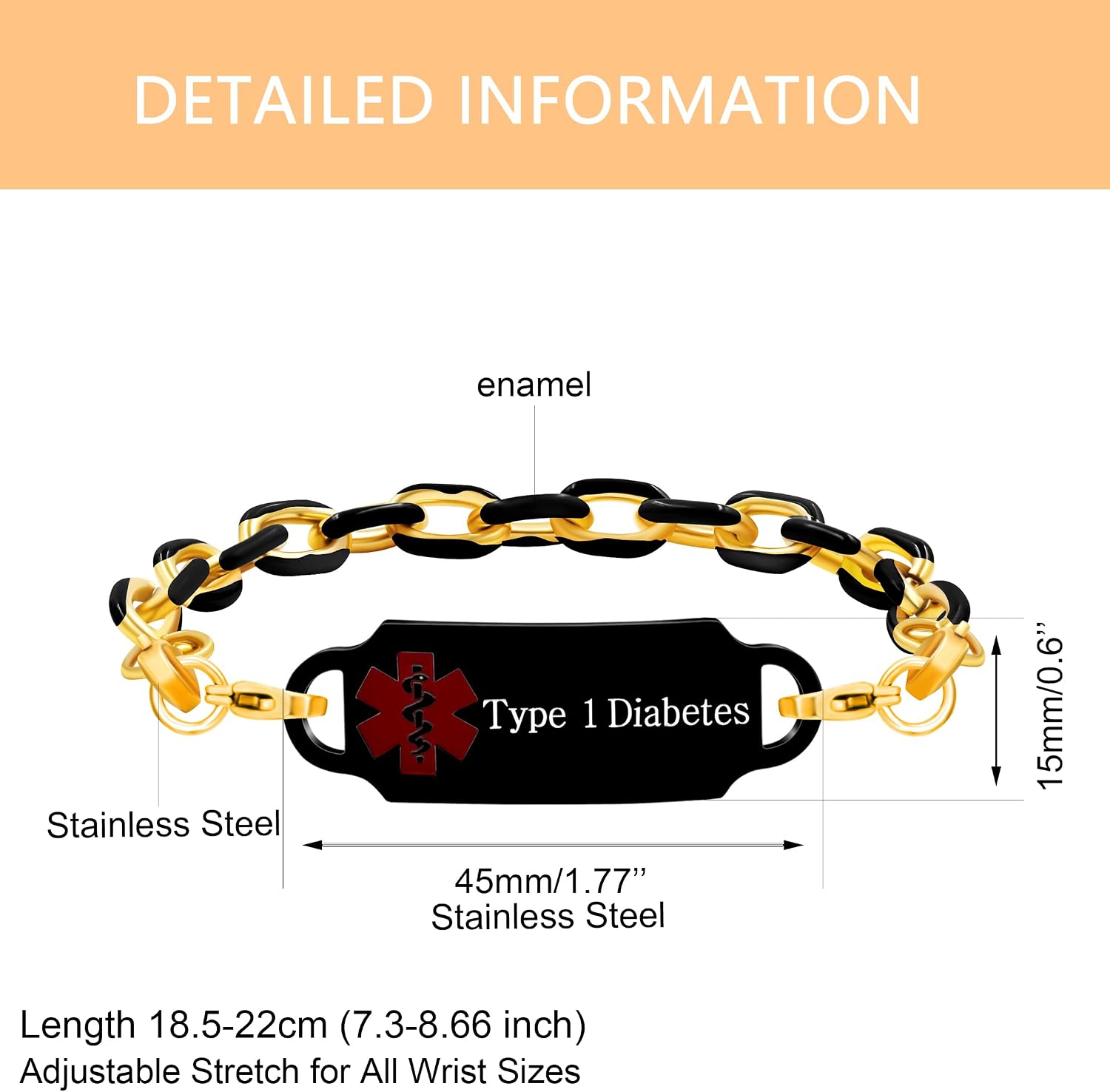 Noiger | stainless steel diabetic bracelet for men women | insulin dependent ID band with pouch | engraved allergy tag wristband | asthma emergency accessory | medication alert chain