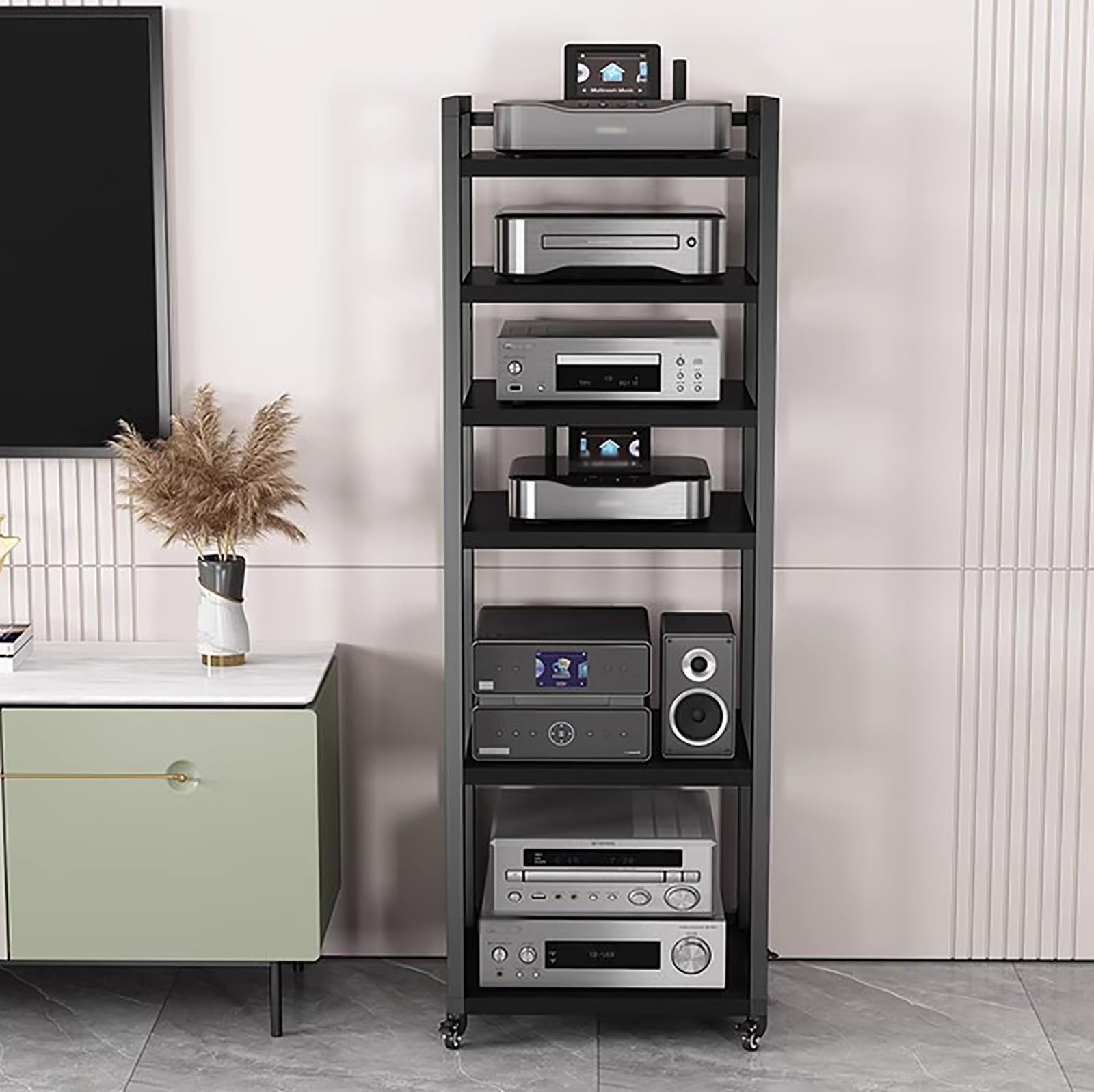 Wysokie Stojaki Stereo I Stojaki Na Kółkach, Szafka Do Przechowywania Multimediów, Czarny Nowoczesny Stojak Na Komponenty Stereo, Stojak Na Sprzęt Audio-Wideo（6 Tier-60Cm Wide）