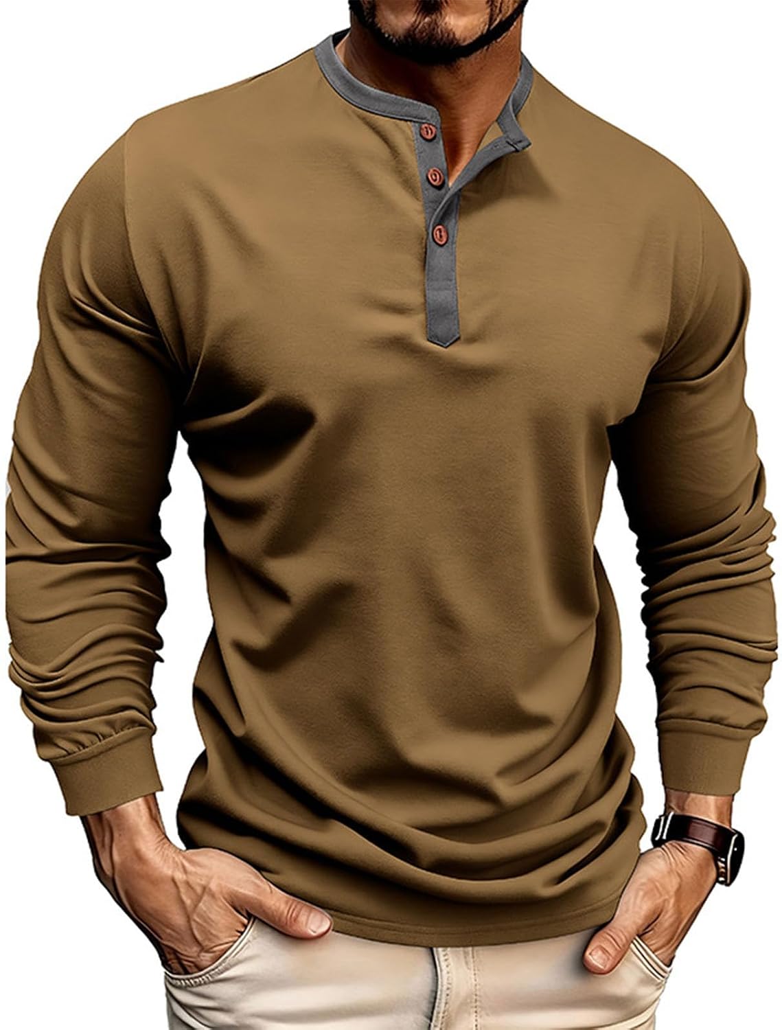 Mens Long Sleeve Henley Shirt | Round Neck Button Up Pullover Top, Soft Breathable for Layering, Casual Comfort