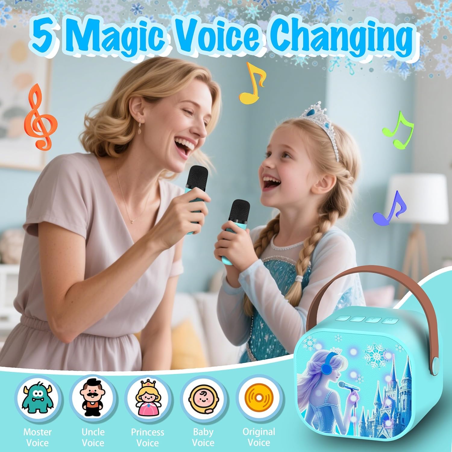 Karaoke Infantil, Micrófono Frozen para Niñas 3 4 5 6 7 8 9 Años, Karaoke con 2 Micrófonos Inalámbricos, Juguetes Frozen, Idea de Regalo Cumpleaños o Navidad