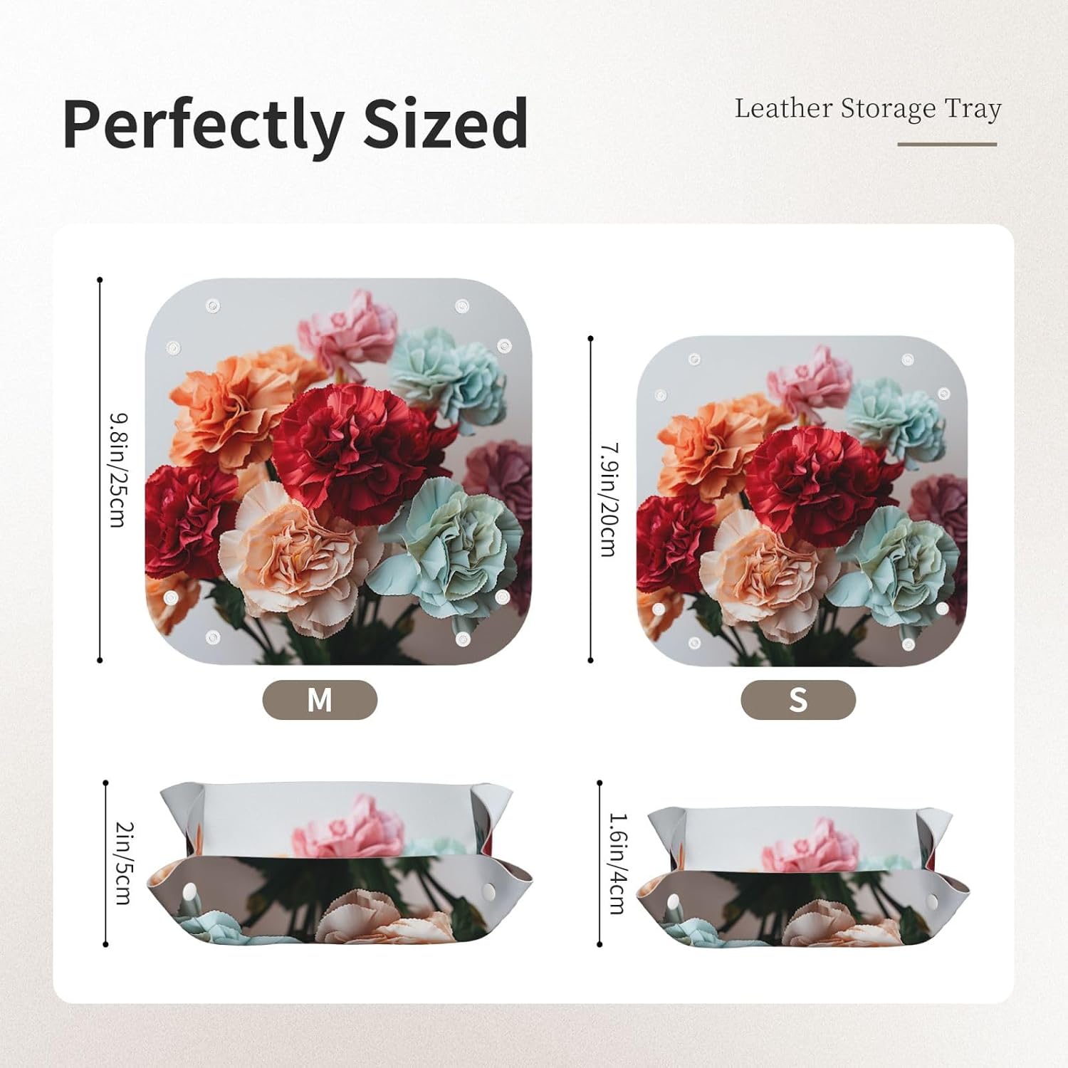 PU Leather Jewelry Valet Tray for Men Women, Elegant Desktop Storage Organizer, Portable Travel Storage Dish Plate Colorful carnations flowers Nightstand Storage Box for Key Phone Wallet Small image 5