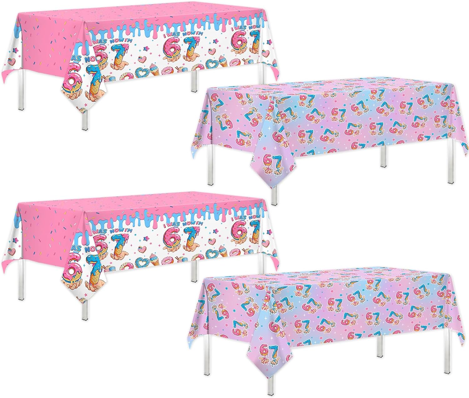 6 7 Birthday Decorations 4 Pack I was 6 Now I'm 7 Ice Cream Tablecloth Pink Sprinkle Donut Tablecloth Girls 7th Birthday Birthday Table Covers for Donut Themed Party Decorations, 51 X 87 Inch
