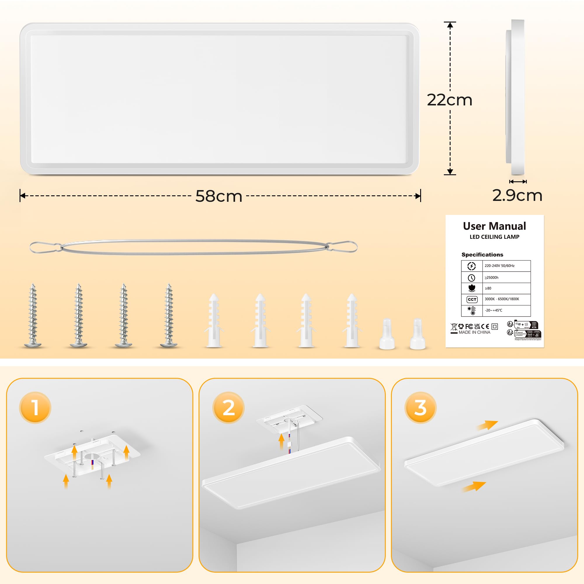 Deckenlampe LED Deckenleuchte Flach, 58x22x2.9CM LED Panel 32W 3000LM 3000K/4000K/6500K IP44 Küchenlampe Decke, Lampen Deckenlampen Lang für Wohnzimmer Schlafzimmer Küche Badezimmer Flur, Weiß