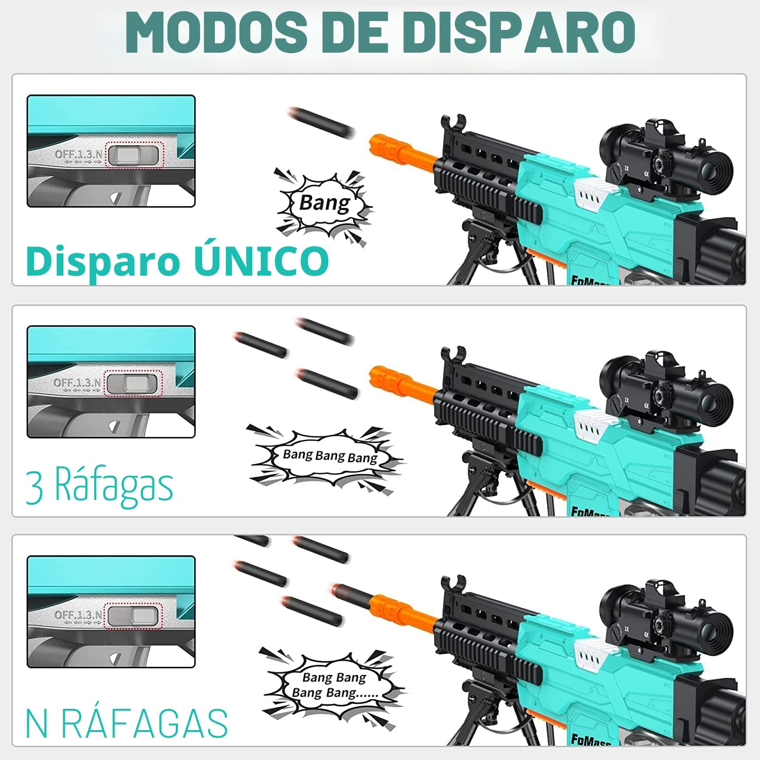 Pistola de Juguete eléctrica para niños, 3 Modos, 50 pies, 2 revistas, 100 Dardos, Recargable, 6 años en adelante, niños