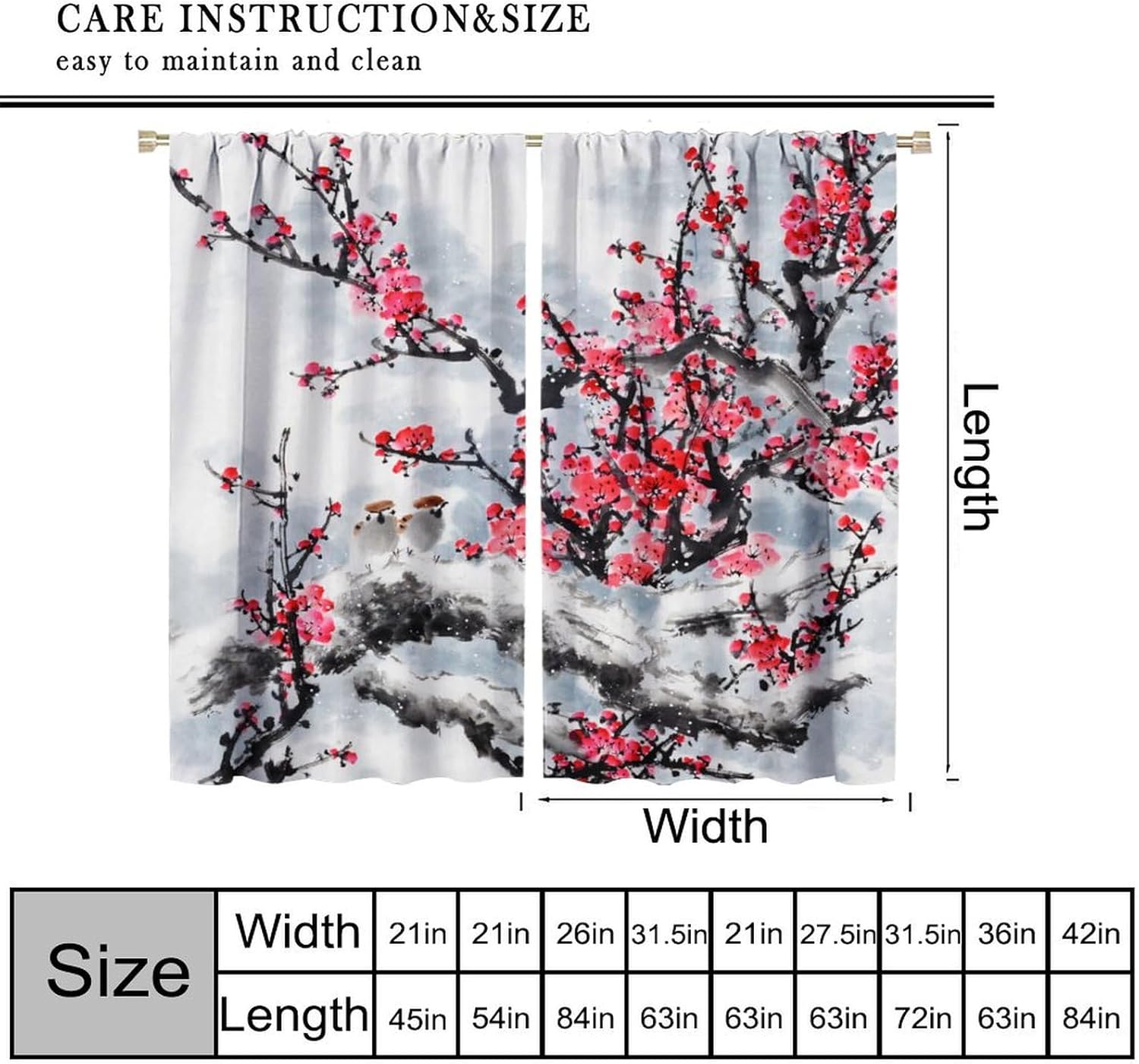 Japanese Red Cherry Blossom Blackout Curtains for Bedroom,Vintage Asian Red Ink Winter Plum Bird Landscape Painting Window Drapes Print for Boys Girls Living Room Bathroom 42x54in