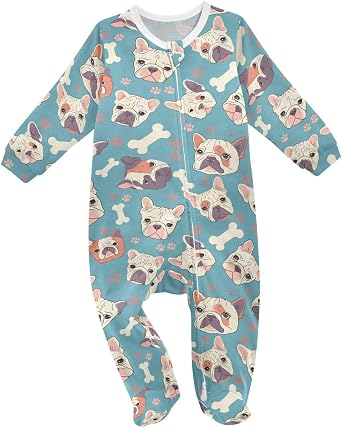 Cute Pugs Flowers Baby One-Piece Footies Long Sleeve Rompers Pajamas Zip Front Pjs for Boys Girls kids 3M