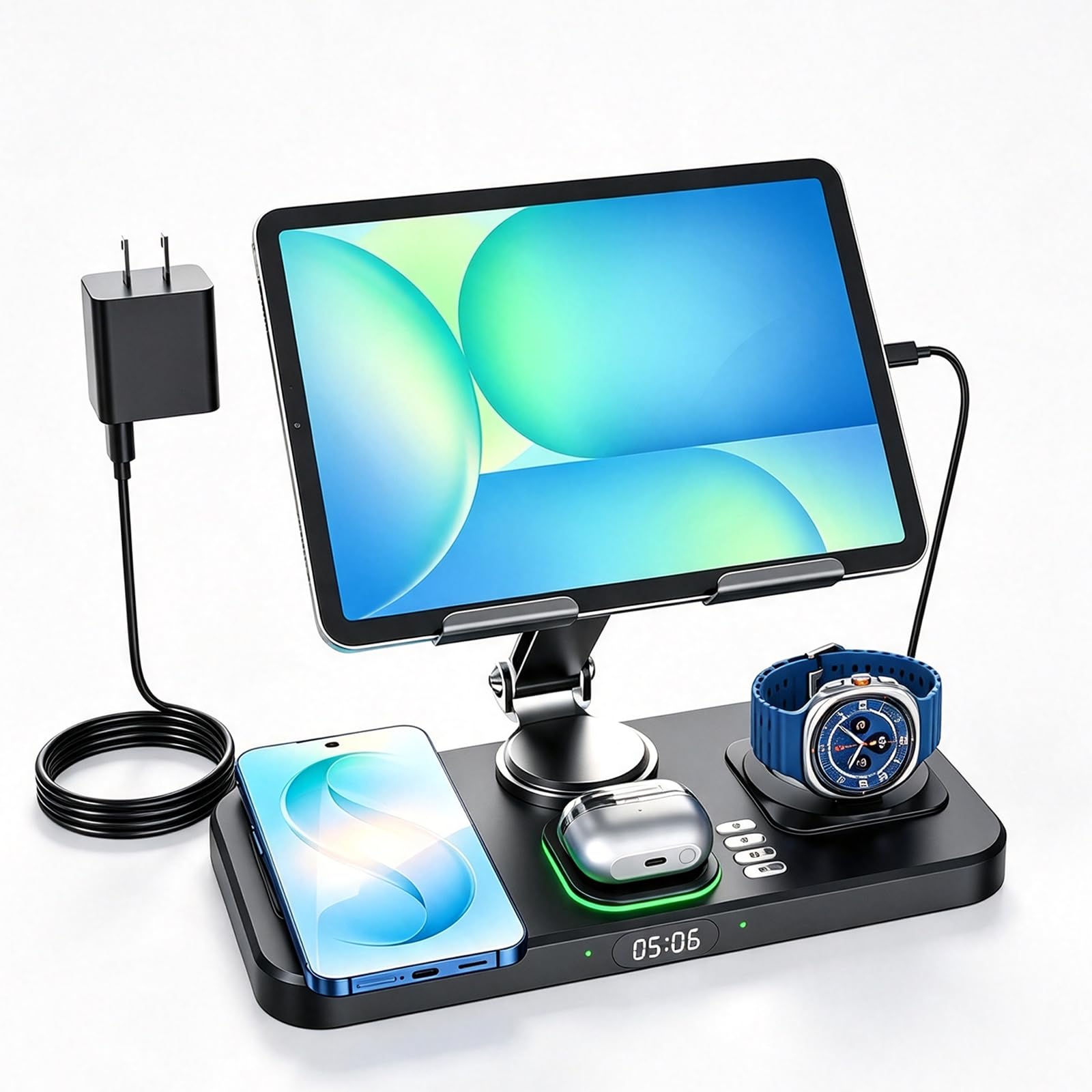 Chargeur sans fil 6 en 1 pour plusieurs appareils Samsung, station de charge avec horloge, support rotatif pliable pour iPad, S26/S25 Ultra/Z Fold 7 et Buds, uniquement pour Galaxy Watch (noir)