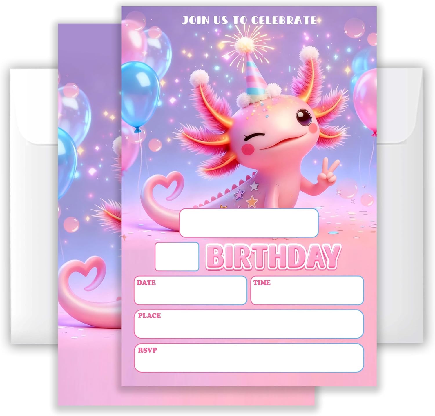 4x6 Pink Axolotl Birthday Invitations (20 Cards + 20 Envelopes) - Sparkly Kids’ Birthday Party Invites.((045)