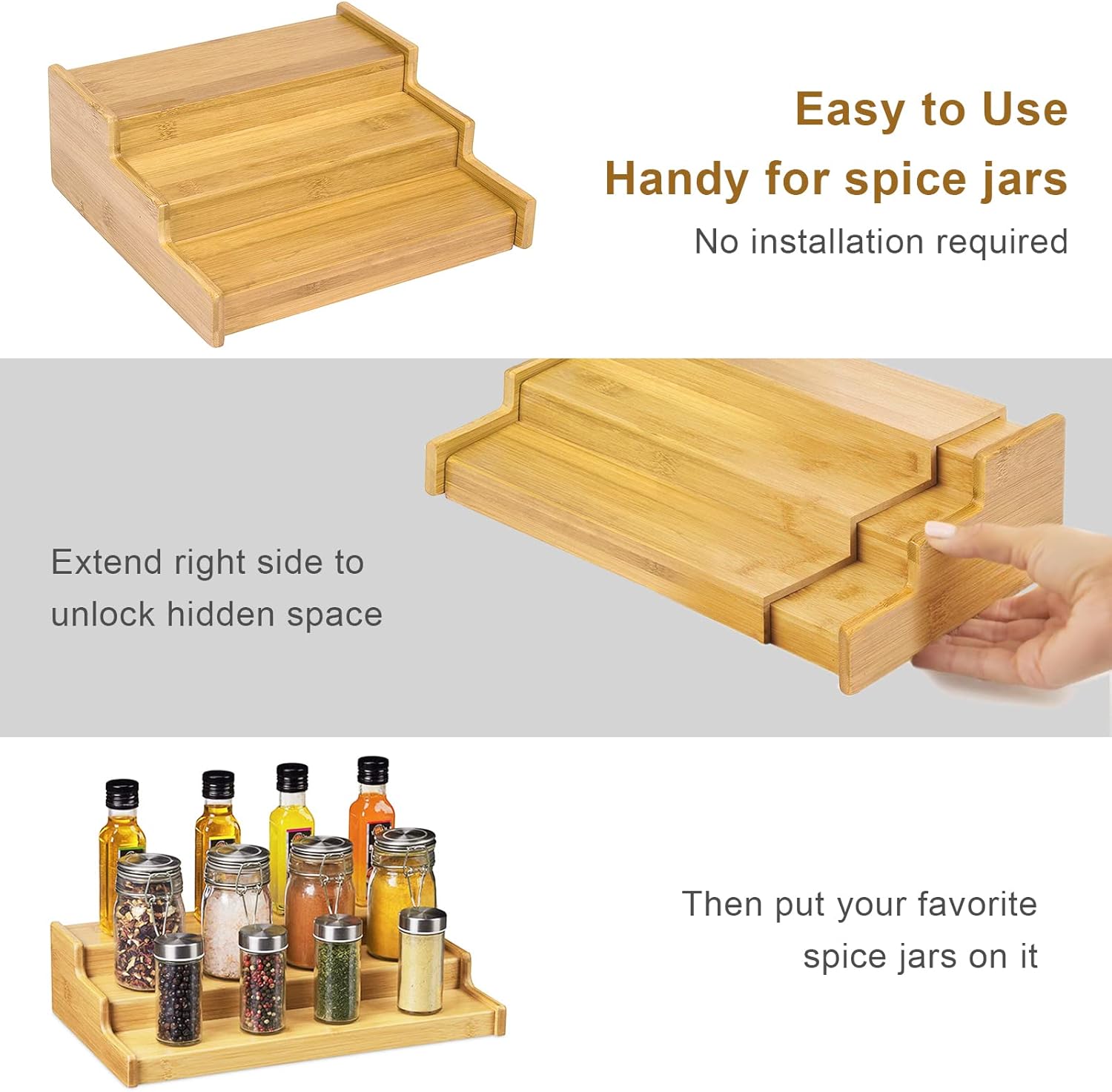 Lenwi Spice Rack Organizer for Cabinet, 3 Tier Expandable Bamboo Spice Storage, Great for Kitchen Cabinet, Cupboard,Pantry and More : Home & Kitchen