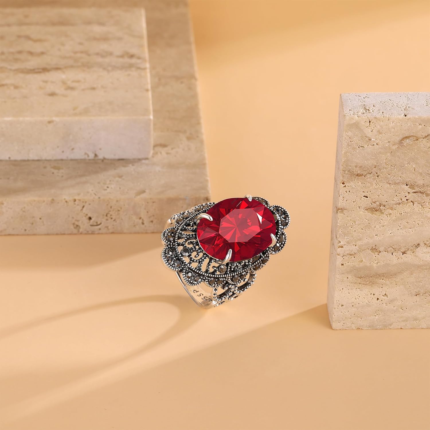 Mytys Retro Vintage Cocktail Statement Ring Black Marcasite & Crystal Rings for Women Antique Silver Big Black Onyx Stone Ring - Image 5