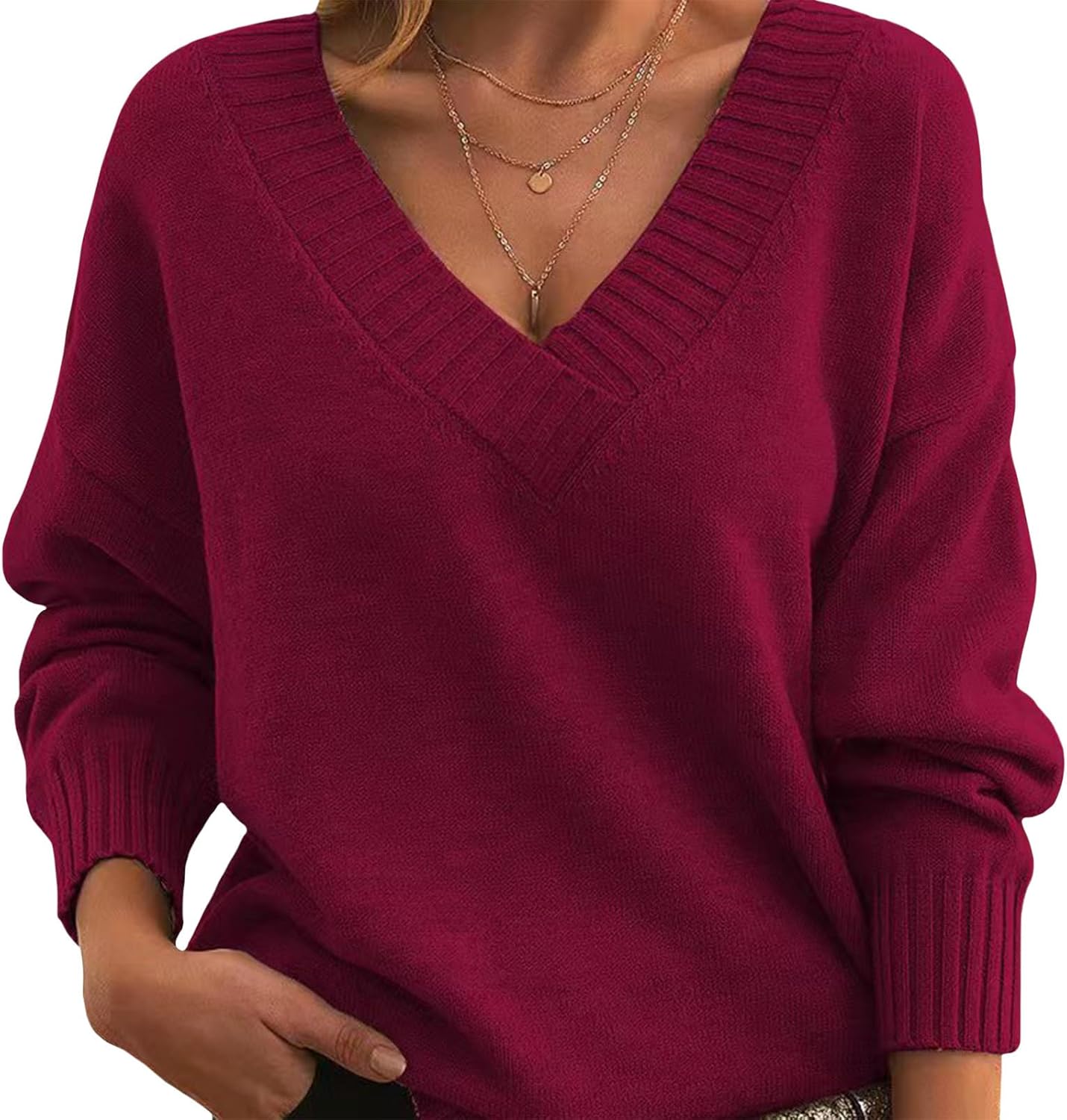 Womens Fall Sweaters Solid Lightweight Ribbed Knit Jumper Loose Fit Sexy V Neck Long Sleeve Pullover Sweatshirt Tops