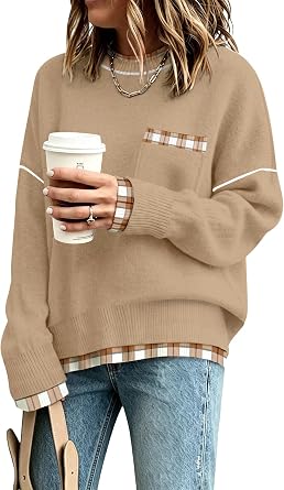 SAUKOLE Womens Sweaters Casual Crew Neck Patchwork Knit Pullover Tops 2026