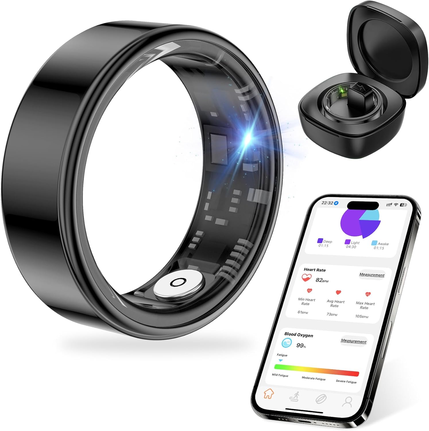 Thin Smart Ring for Fitness & Health Tracking -Heart Rate/Blood Oxygen Monitor, 5ATM Waterproof, Sleep Analysis, Pedometer -No APP Subscription Compatible with Smartphone (Black, 10)