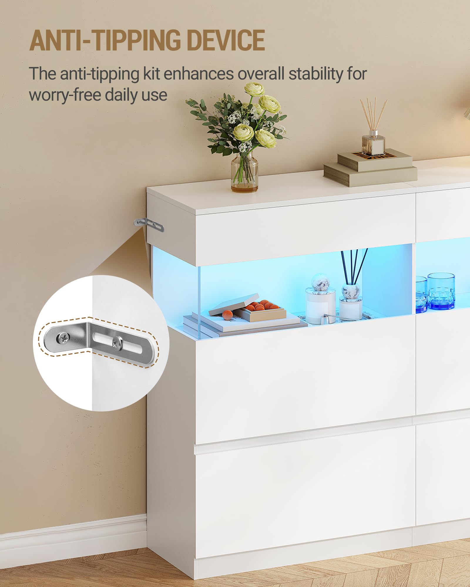 Hzuaneri 140cm Kommode mit LED-Beleuchtung und 2 Glas-Vitrinenelementen